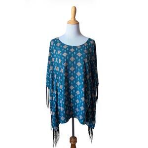 Wrangler Aztec Print Kaftan Fringe Sleeve Western Tunic Blouse Sz L Country